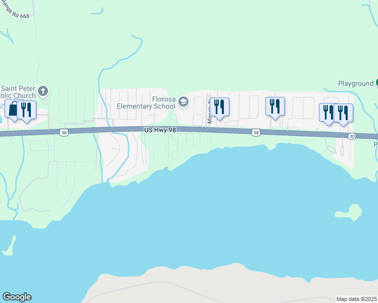 map of restaurants, bars, coffee shops, grocery stores, and more near 1691 US Highway 98 in Mary Esther
