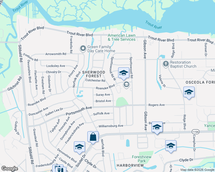 map of restaurants, bars, coffee shops, grocery stores, and more near 9526 Spottswood Road North in Jacksonville