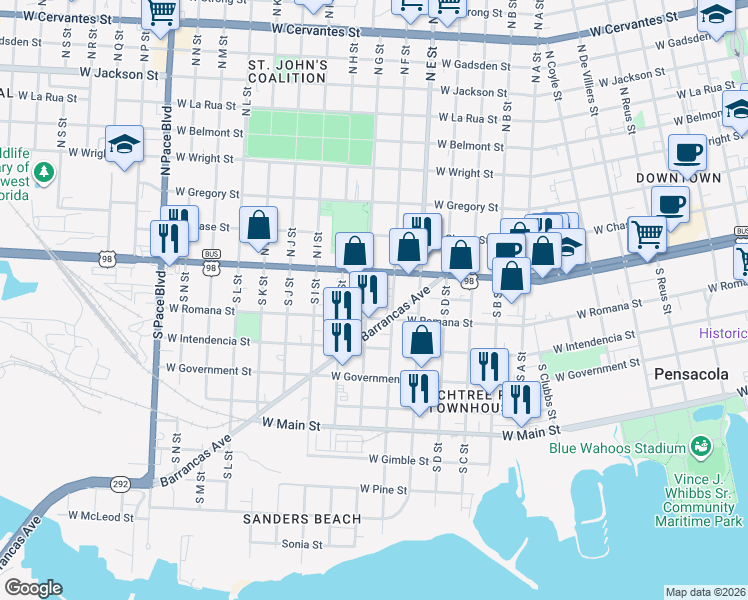 map of restaurants, bars, coffee shops, grocery stores, and more near 52 South G Street in Pensacola