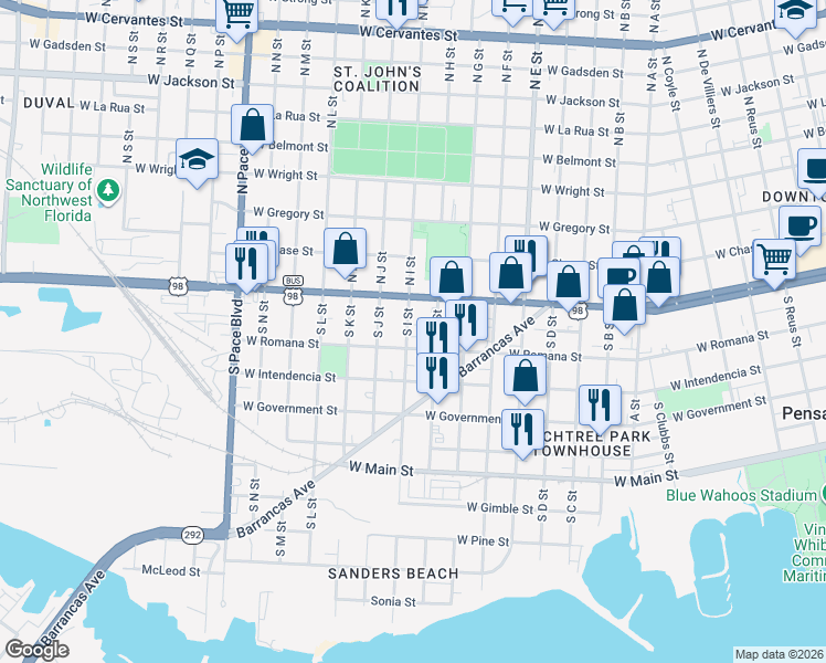 map of restaurants, bars, coffee shops, grocery stores, and more near in Pensacola