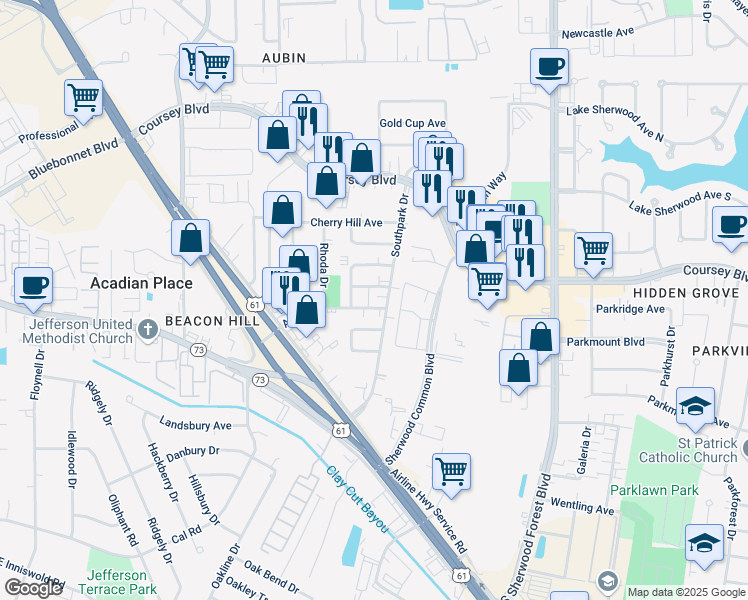 map of restaurants, bars, coffee shops, grocery stores, and more near 10947 Abington Avenue in Baton Rouge