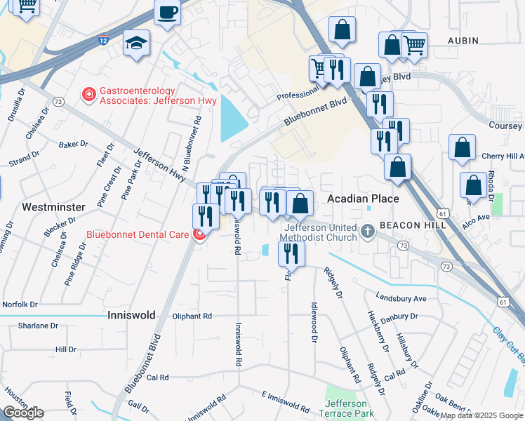map of restaurants, bars, coffee shops, grocery stores, and more near 9771 Jefferson Highway in Baton Rouge