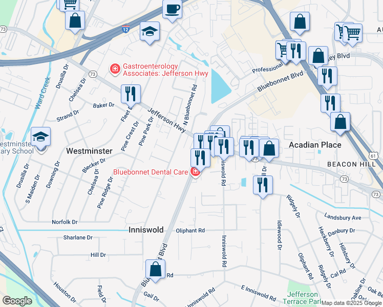 map of restaurants, bars, coffee shops, grocery stores, and more near 9456 Jefferson Highway in Baton Rouge