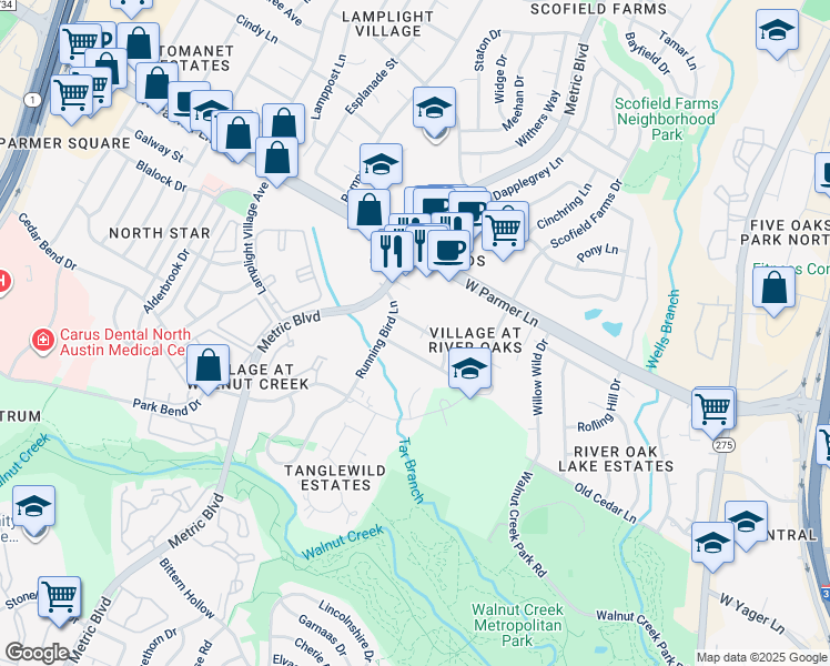 map of restaurants, bars, coffee shops, grocery stores, and more near 1710 Shadowview Drive in Austin