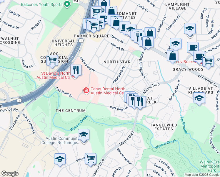 map of restaurants, bars, coffee shops, grocery stores, and more near 12208A Alderbrook Drive in Austin