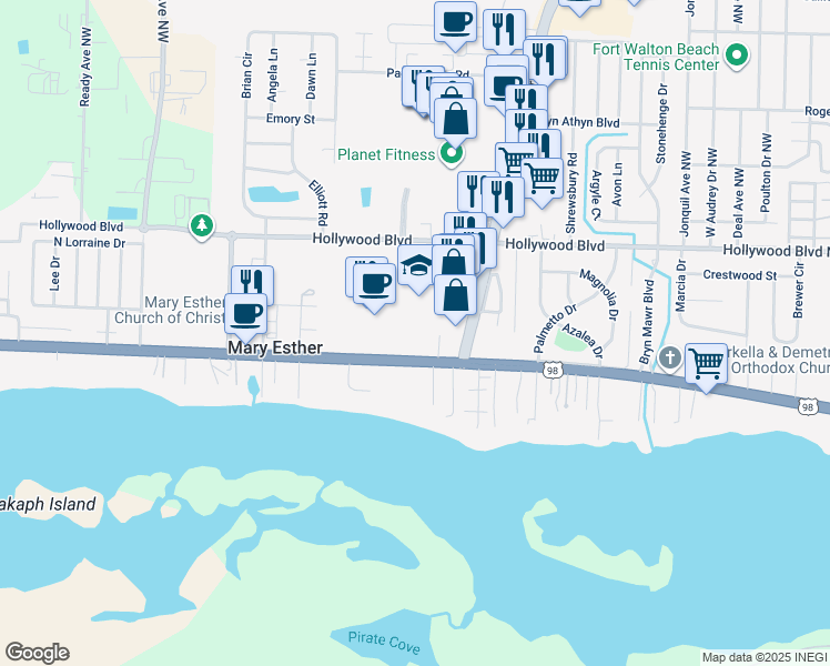 map of restaurants, bars, coffee shops, grocery stores, and more near 320 East Miracle Strip Parkway in Mary Esther
