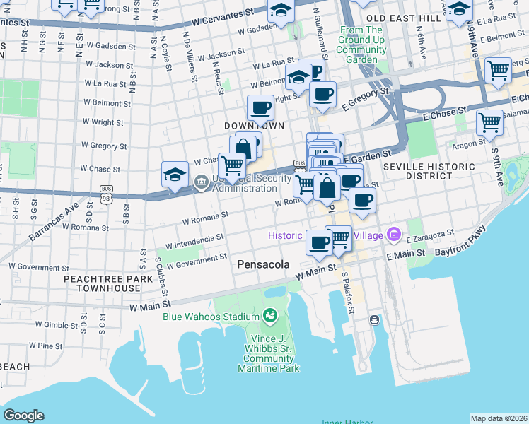 map of restaurants, bars, coffee shops, grocery stores, and more near 214 West Romana Street in Pensacola