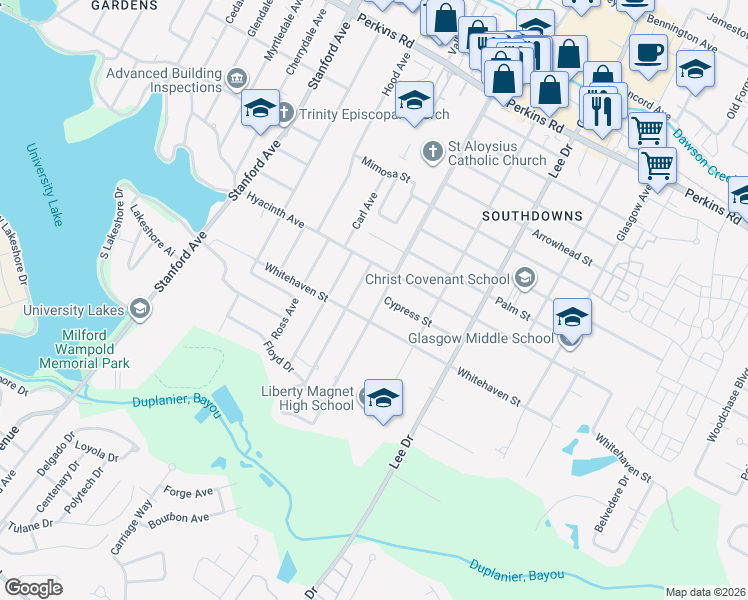 map of restaurants, bars, coffee shops, grocery stores, and more near 1556 Aberdeen Avenue in Baton Rouge