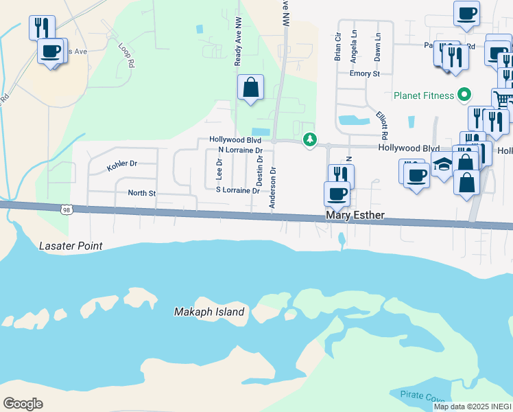map of restaurants, bars, coffee shops, grocery stores, and more near 110 Terry Cir in Mary Esther