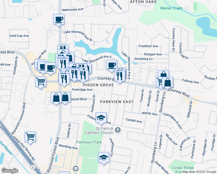 map of restaurants, bars, coffee shops, grocery stores, and more near 12200 Coursey Boulevard in Baton Rouge