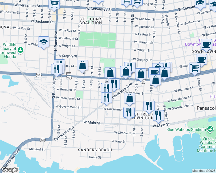 map of restaurants, bars, coffee shops, grocery stores, and more near 7 South H Street in Pensacola