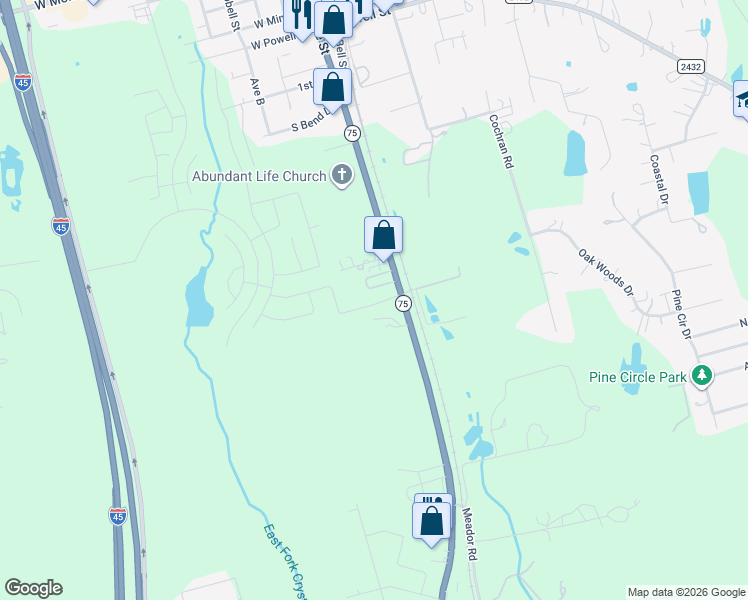 map of restaurants, bars, coffee shops, grocery stores, and more near 11881 State Highway 75 North in Willis
