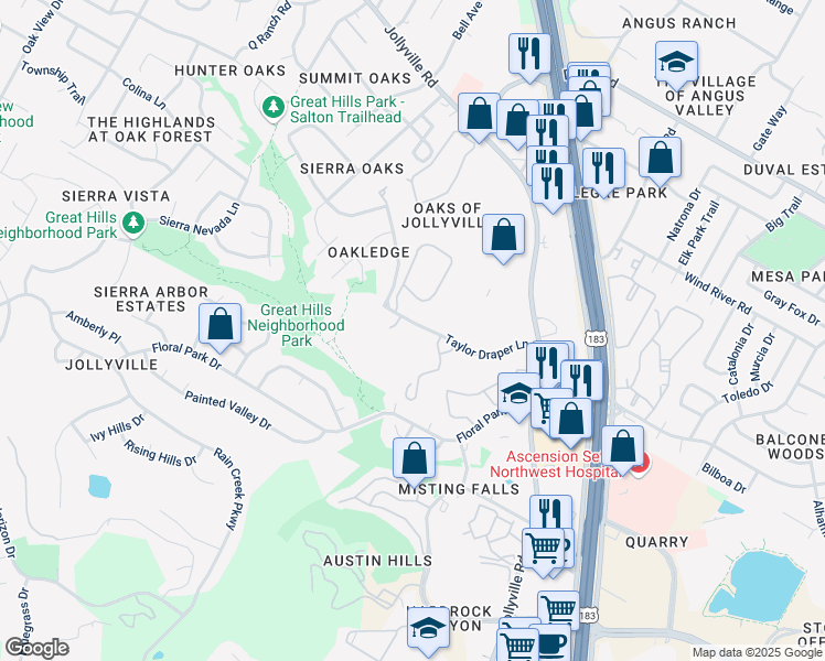 map of restaurants, bars, coffee shops, grocery stores, and more near 11266 Taylor Draper Lane in Austin