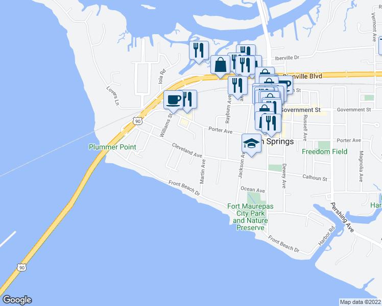 map of restaurants, bars, coffee shops, grocery stores, and more near 515 Cleveland Avenue in Ocean Springs