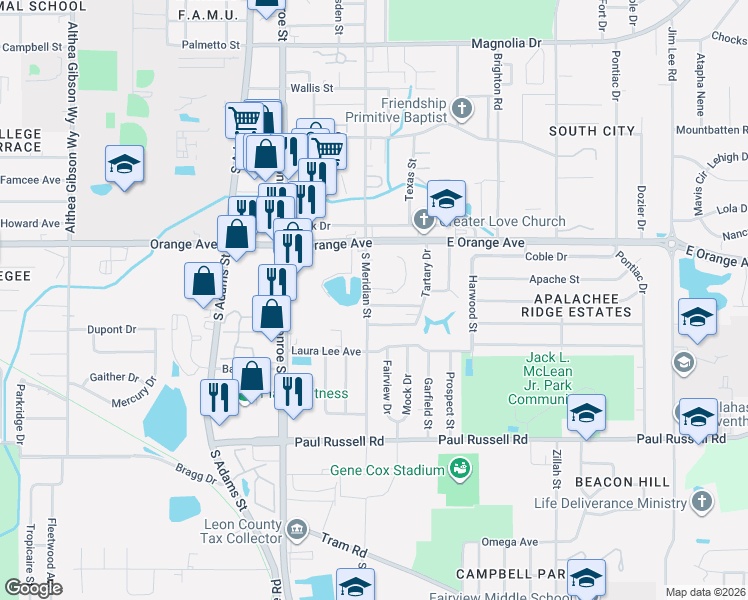 map of restaurants, bars, coffee shops, grocery stores, and more near 2813 South Meridian Street in Tallahassee