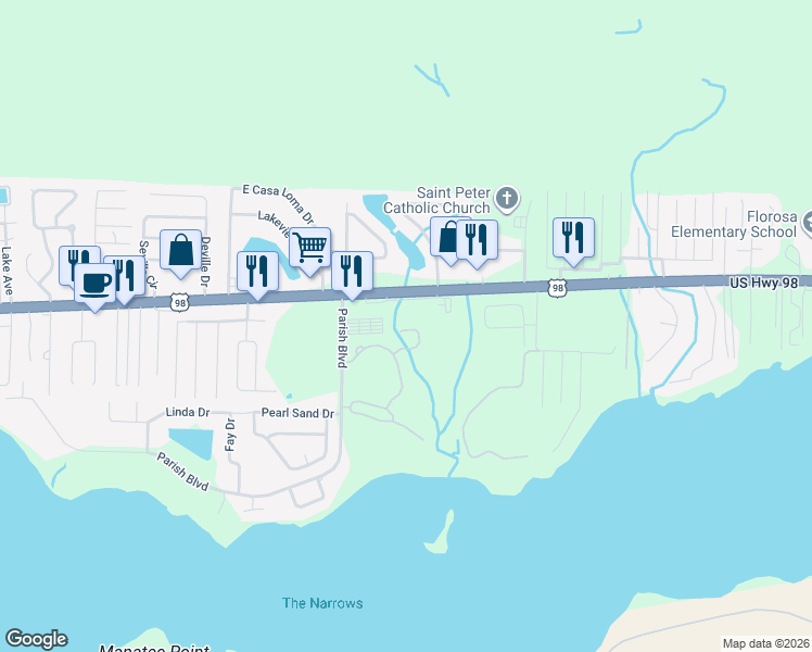 map of restaurants, bars, coffee shops, grocery stores, and more near 1020 Freeport Court in Mary Esther