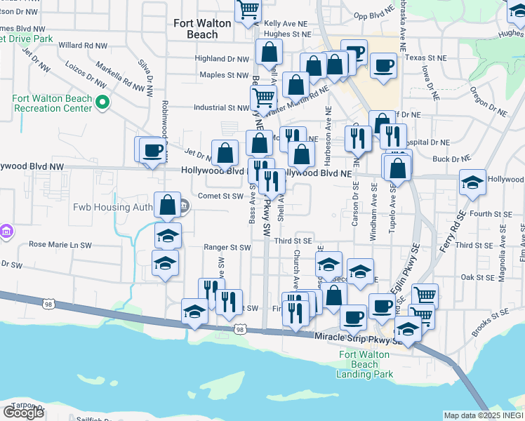 map of restaurants, bars, coffee shops, grocery stores, and more near 59 Beal Parkway Southwest in Fort Walton Beach