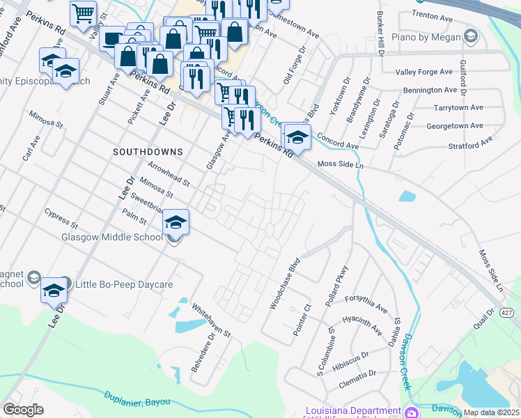 map of restaurants, bars, coffee shops, grocery stores, and more near 5125 Cheneau Lane in Baton Rouge