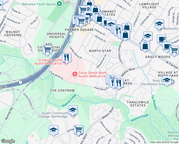 map of restaurants, bars, coffee shops, grocery stores, and more near 12222 Tyson Cove in Austin