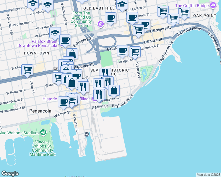 map of restaurants, bars, coffee shops, grocery stores, and more near 416 East Government Street in Pensacola