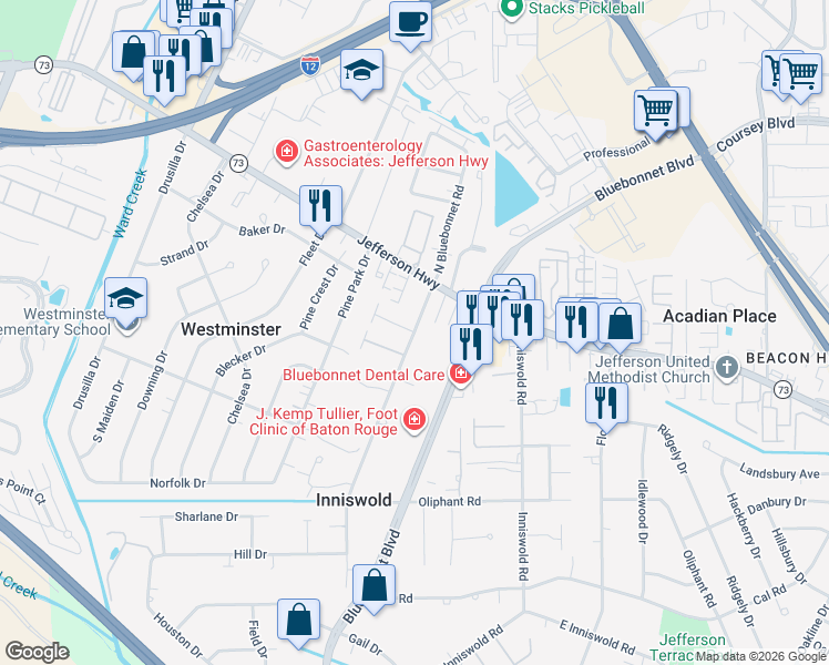 map of restaurants, bars, coffee shops, grocery stores, and more near 4355 Bluebonnet Road in Baton Rouge