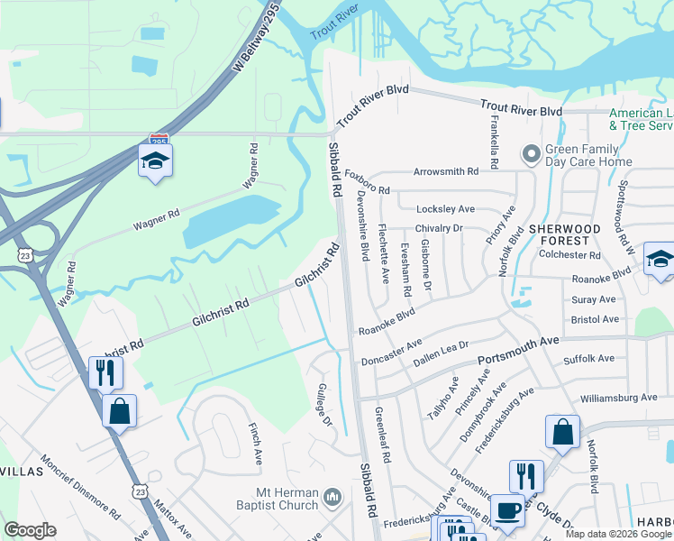 map of restaurants, bars, coffee shops, grocery stores, and more near 9545 Sibbald Access Road in Jacksonville