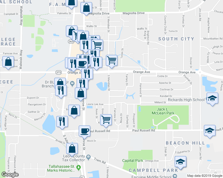 map of restaurants, bars, coffee shops, grocery stores, and more near 2813 South Meridian Street in Tallahassee