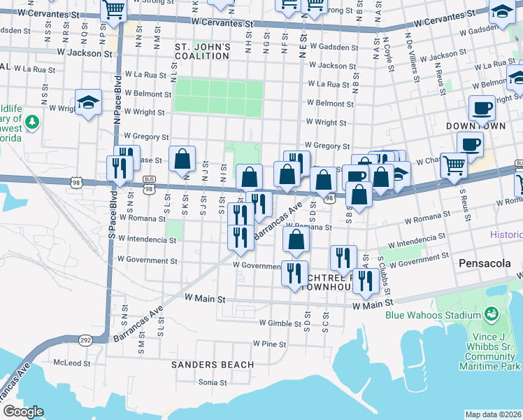 map of restaurants, bars, coffee shops, grocery stores, and more near 52 South G Street in Pensacola