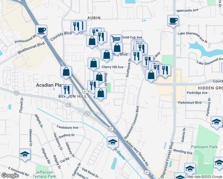 map of restaurants, bars, coffee shops, grocery stores, and more near 4426 Kolin Drive in Baton Rouge