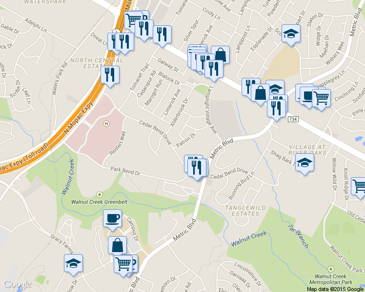 map of restaurants, bars, coffee shops, grocery stores, and more near 12302 Dellrey Drive in Austin
