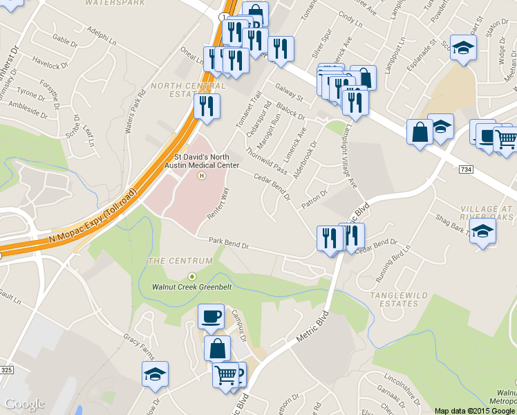 map of restaurants, bars, coffee shops, grocery stores, and more near 12222 Tyson Cove in Austin
