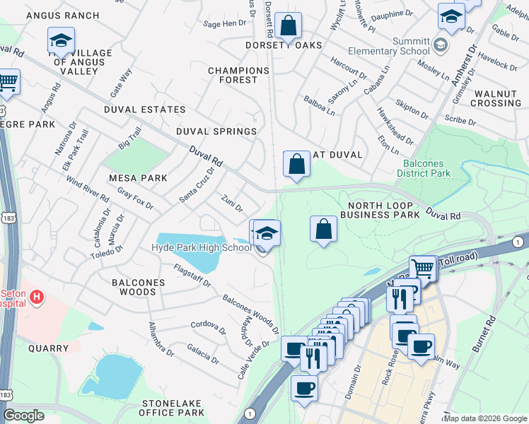 map of restaurants, bars, coffee shops, grocery stores, and more near 4105 Red Cloud Drive in Austin
