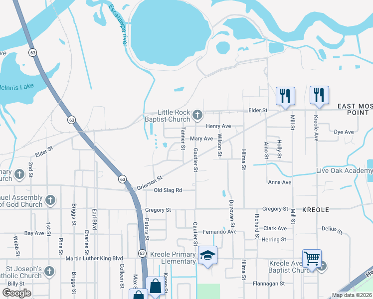 map of restaurants, bars, coffee shops, grocery stores, and more near 4818 Tanner Street in Moss Point