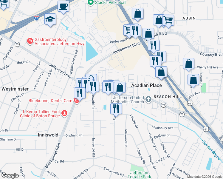 map of restaurants, bars, coffee shops, grocery stores, and more near 9851 Jefferson Highway in Baton Rouge