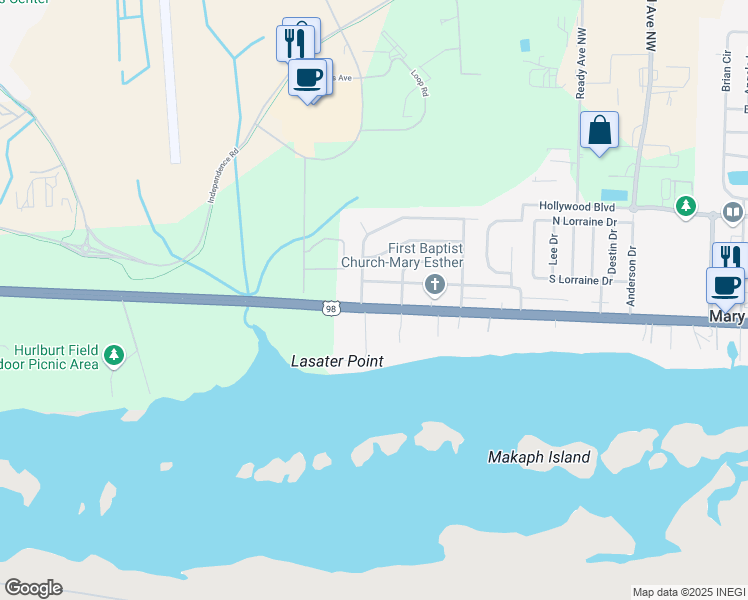 map of restaurants, bars, coffee shops, grocery stores, and more near 640 West Miracle Strip Parkway in Mary Esther
