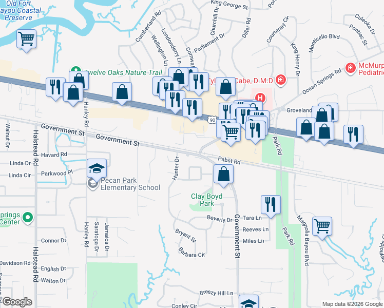 map of restaurants, bars, coffee shops, grocery stores, and more near 2909 Government Street in Ocean Springs