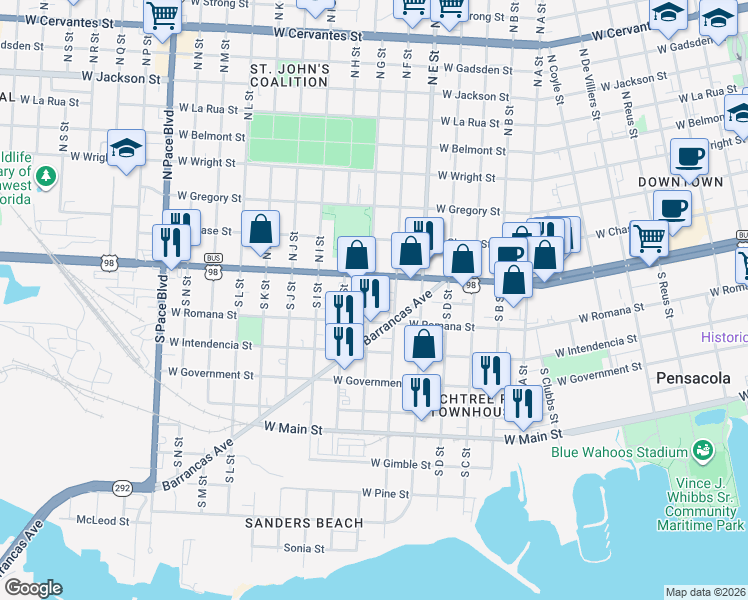 map of restaurants, bars, coffee shops, grocery stores, and more near 52 South G Street in Pensacola