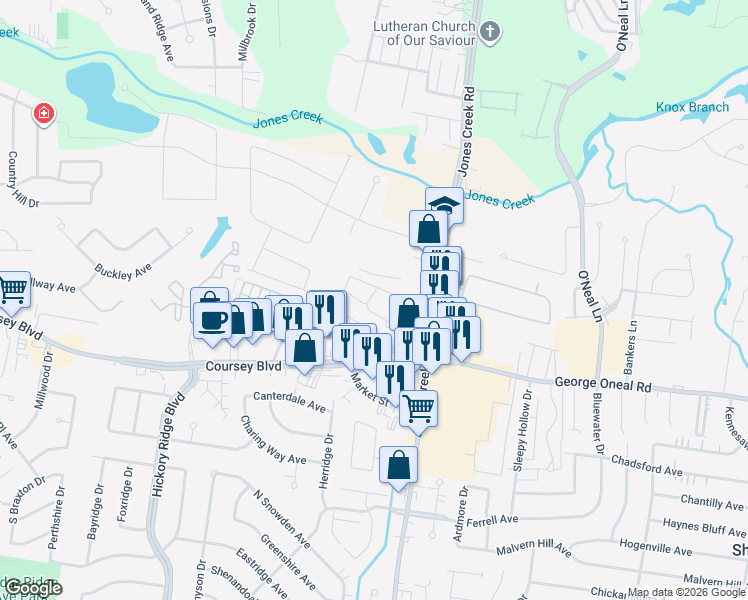 map of restaurants, bars, coffee shops, grocery stores, and more near 4720 Jones Creek Road in Baton Rouge