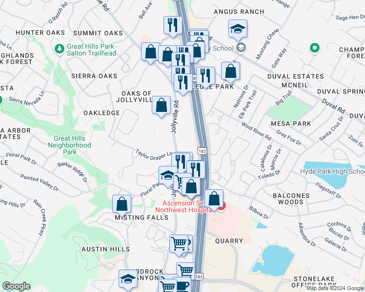map of restaurants, bars, coffee shops, grocery stores, and more near 11301 Jollyville Road in Austin