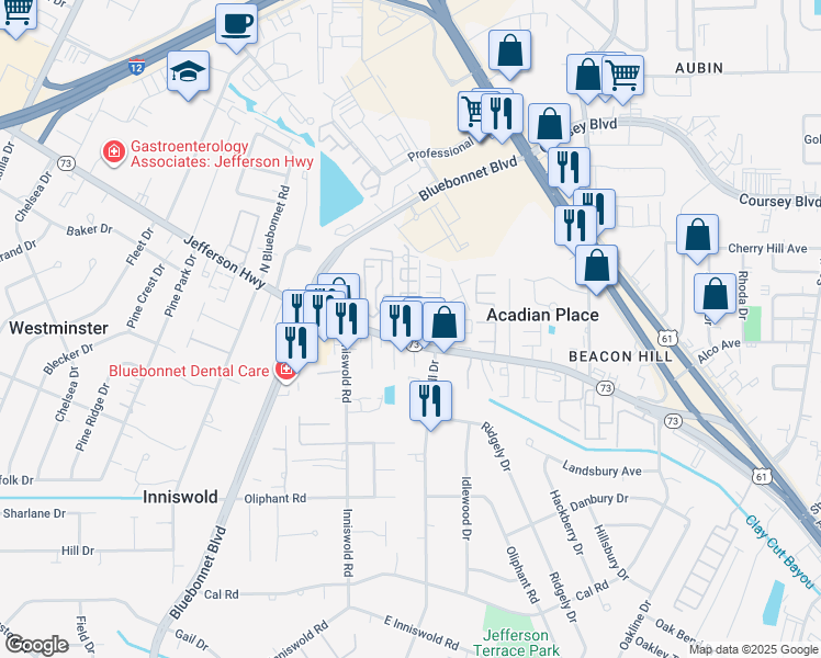 map of restaurants, bars, coffee shops, grocery stores, and more near 9853 Jefferson Highway in Baton Rouge