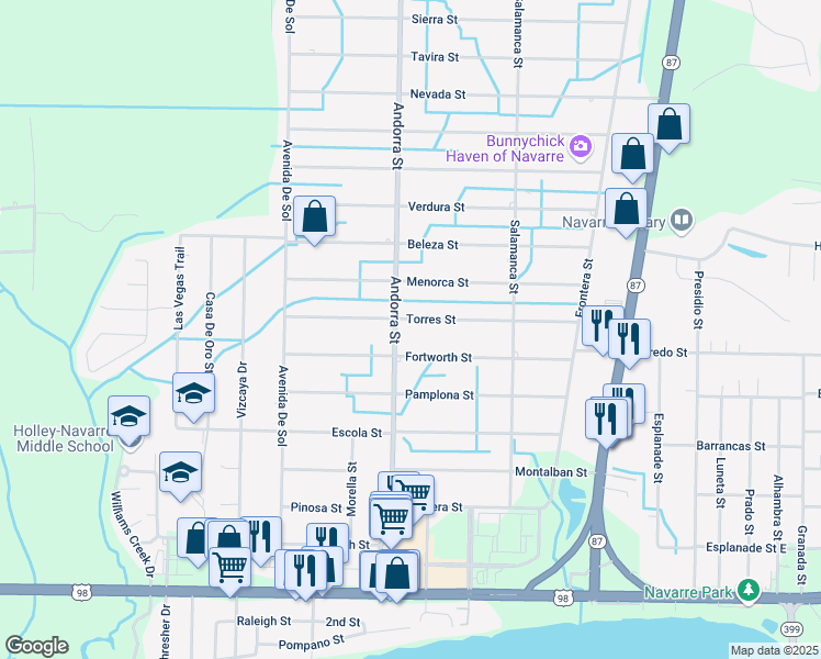 map of restaurants, bars, coffee shops, grocery stores, and more near 8231 Torres Street in Navarre