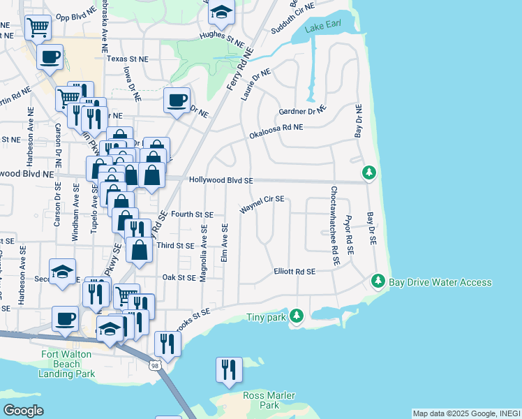 map of restaurants, bars, coffee shops, grocery stores, and more near 46 Waynel Circle Southeast in Fort Walton Beach