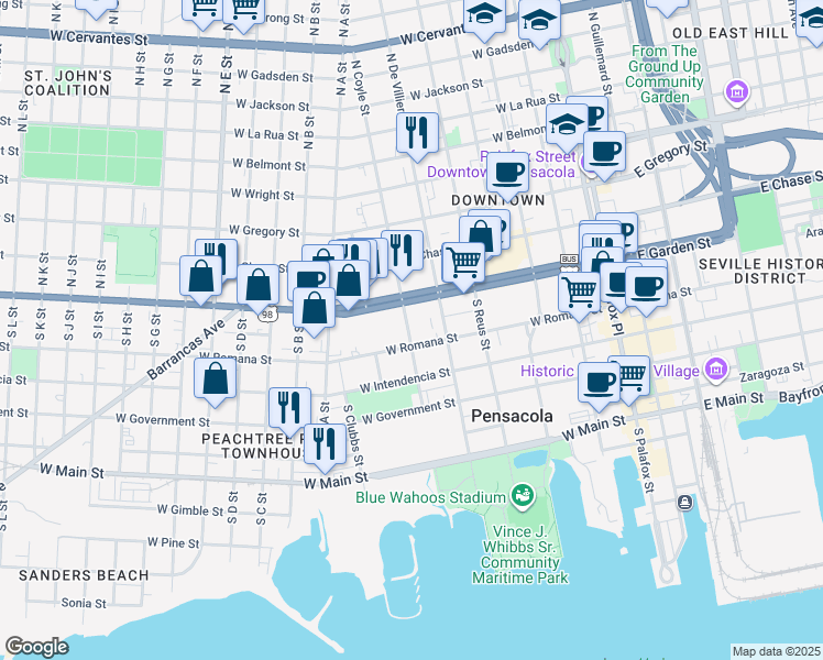 map of restaurants, bars, coffee shops, grocery stores, and more near 51 South Coyle Street in Pensacola