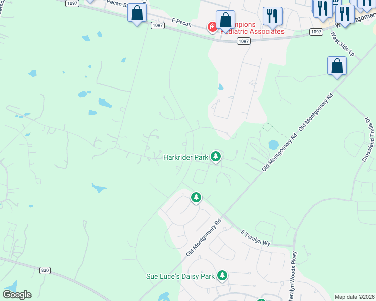 map of restaurants, bars, coffee shops, grocery stores, and more near 11831 Park Slope Drive in Willis