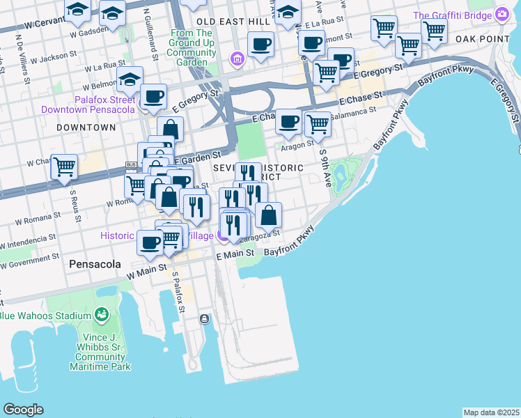 map of restaurants, bars, coffee shops, grocery stores, and more near 416 East Government Street in Pensacola