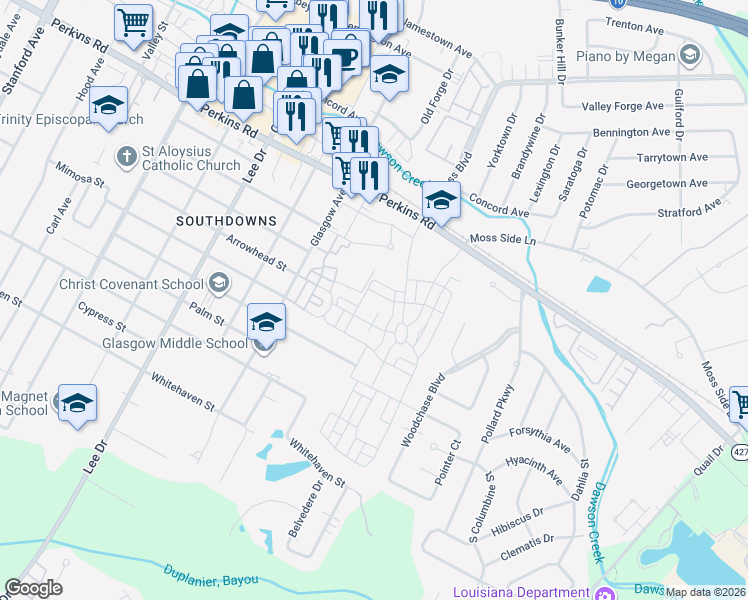 map of restaurants, bars, coffee shops, grocery stores, and more near 5125 Cheneau Lane in Baton Rouge