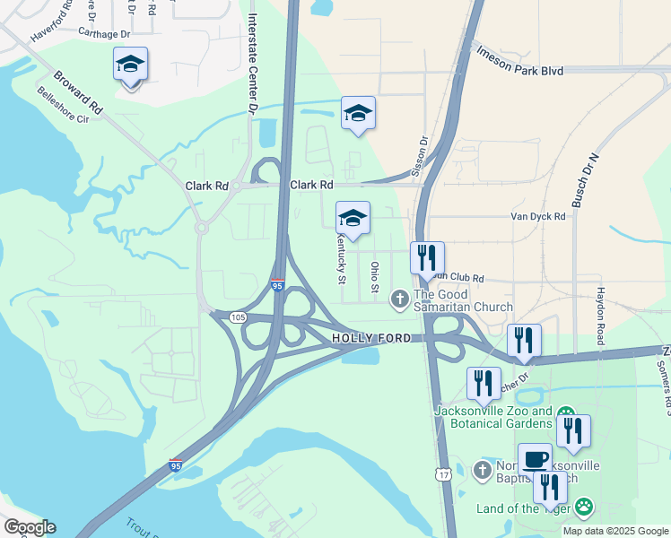 map of restaurants, bars, coffee shops, grocery stores, and more near 9414 Kentucky Street in Jacksonville