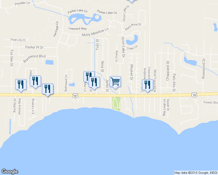 map of restaurants, bars, coffee shops, grocery stores, and more near 2126 Janet Street in Navarre