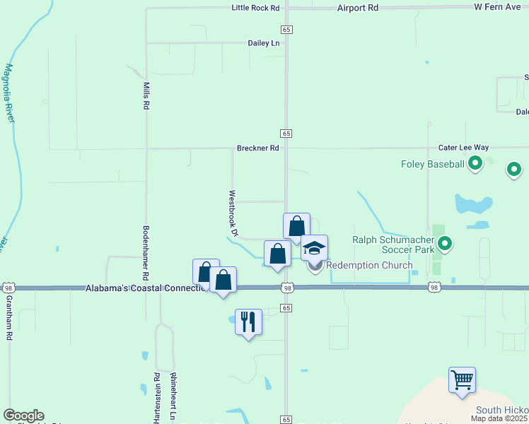 map of restaurants, bars, coffee shops, grocery stores, and more near 17800-17898 Greenway Dr in Foley