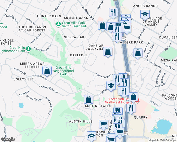 map of restaurants, bars, coffee shops, grocery stores, and more near 11266 Taylor Draper Lane in Austin